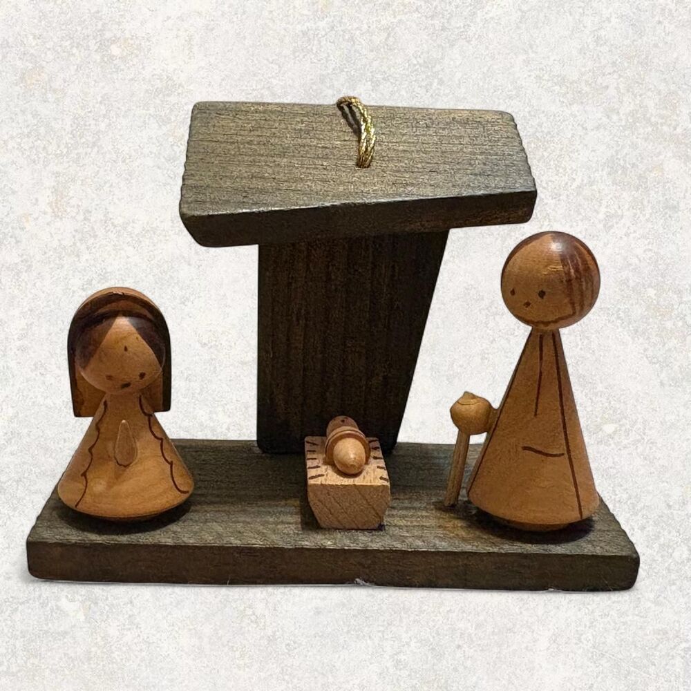 Vintage Retro Wooden Mini Nativity Scene Ornament